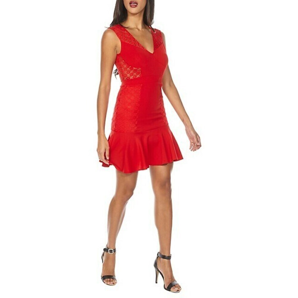 TFNC Zallia Lace Bodycon Frill Hem Mini Dress Red Size M Made in France NWT